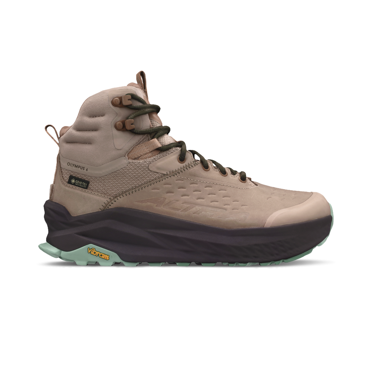 Side view on white background of Womens Altra Olympus 6 Hike Mid GTX running shoe in Tan, Medium (Regular) width