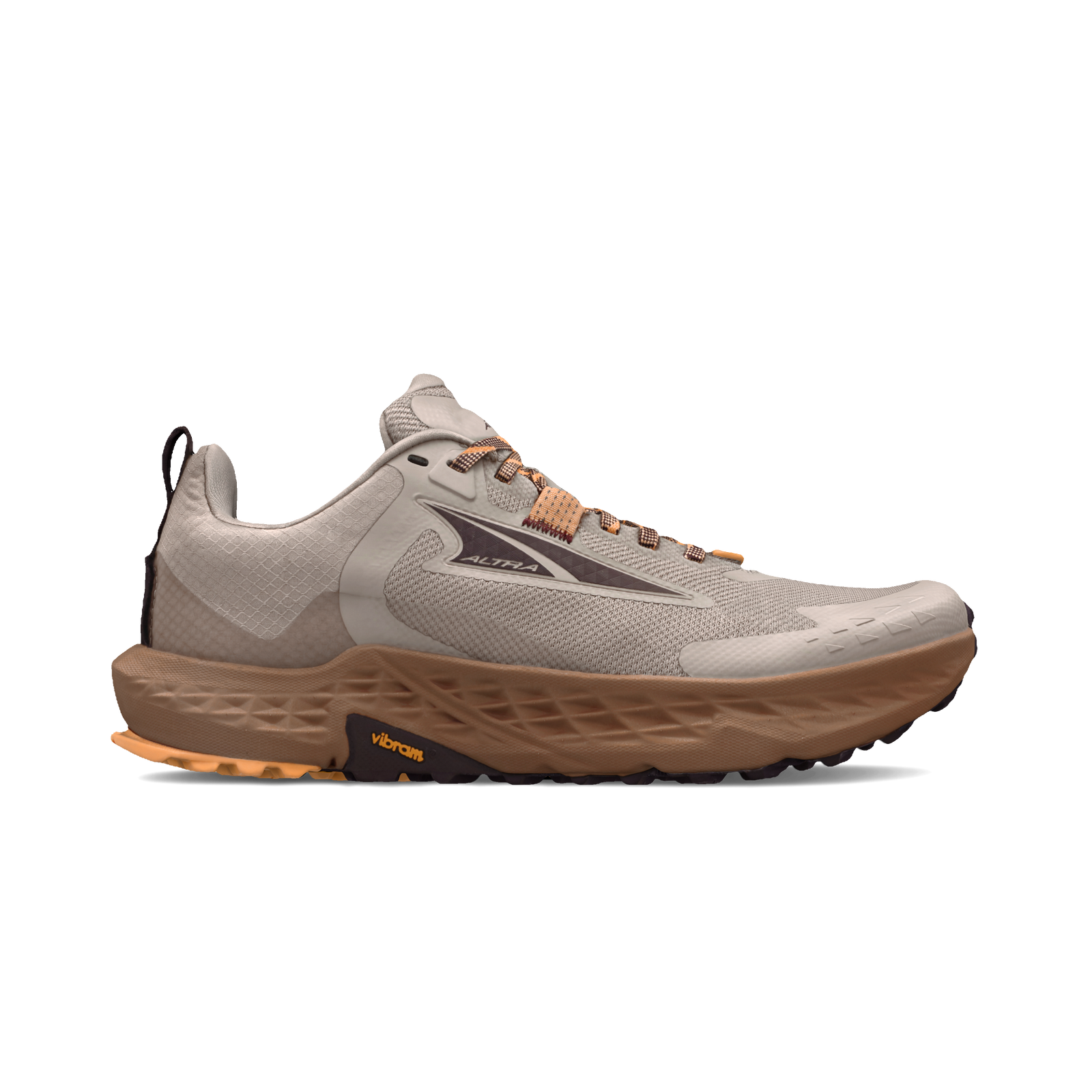 Side view on white background of Womens Altra Timp 5 running shoe in Taupe, Medium (Regular) width