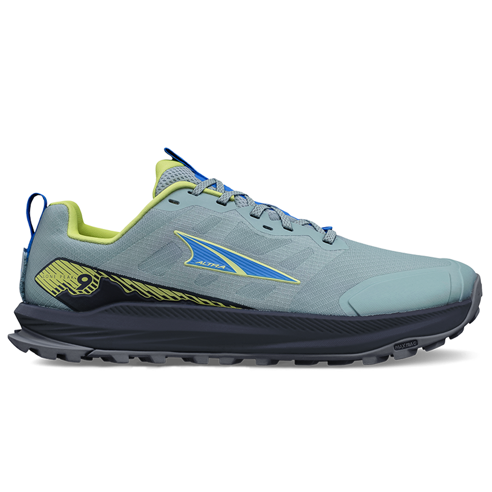 Side view on white background of Mens Altra Lone Peak running shoe in Gray/Blue, Medium (Regular) width