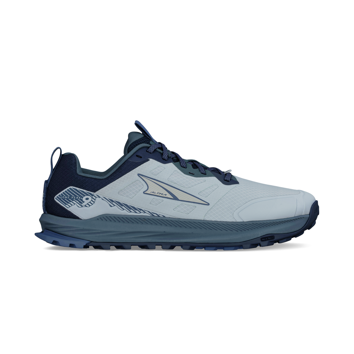 Side view on white background of Mens Altra Lone Peak 9 running shoe in Light Gray, Medium (Regular) width