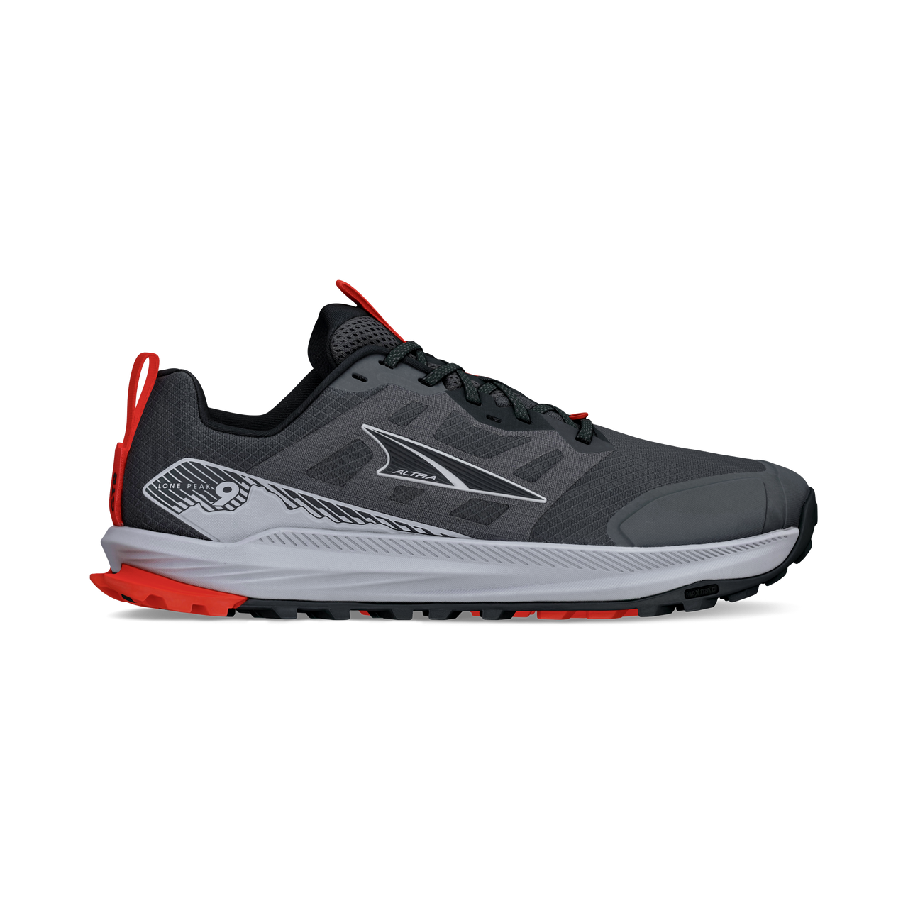 Side view on white background of Mens Altra Lone Peak 9 running shoe in Dark Shadow, Narrow width