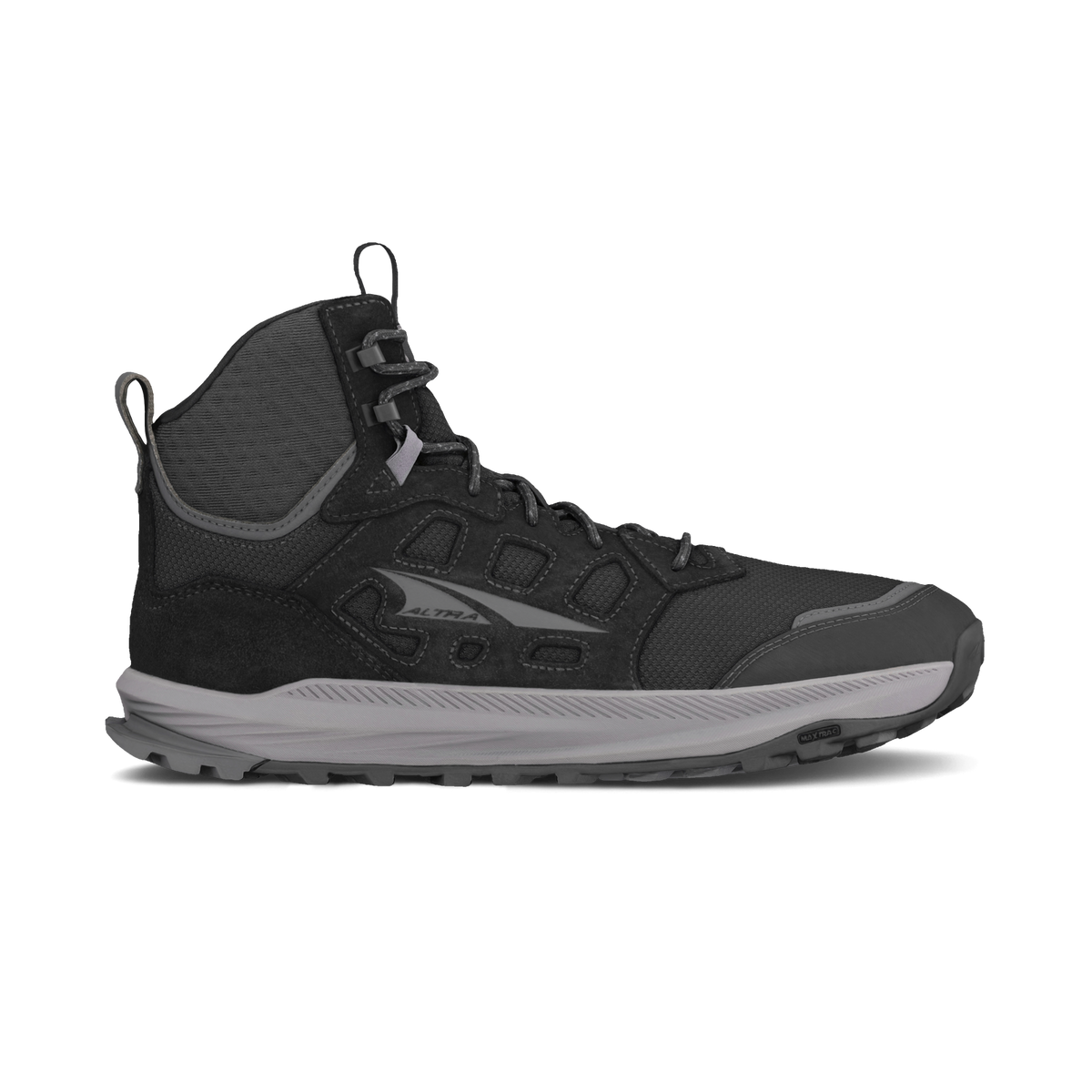 Side view on white background of Mens Altra Lone Peak Hiker 3 running shoe in Black/Gray, Medium (Regular) width
