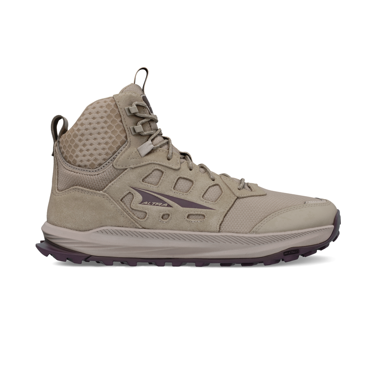 Side view on white background of Mens Altra Lone Peak Hiker 3 running shoe in Brown/Taupe, Medium (Regular) width