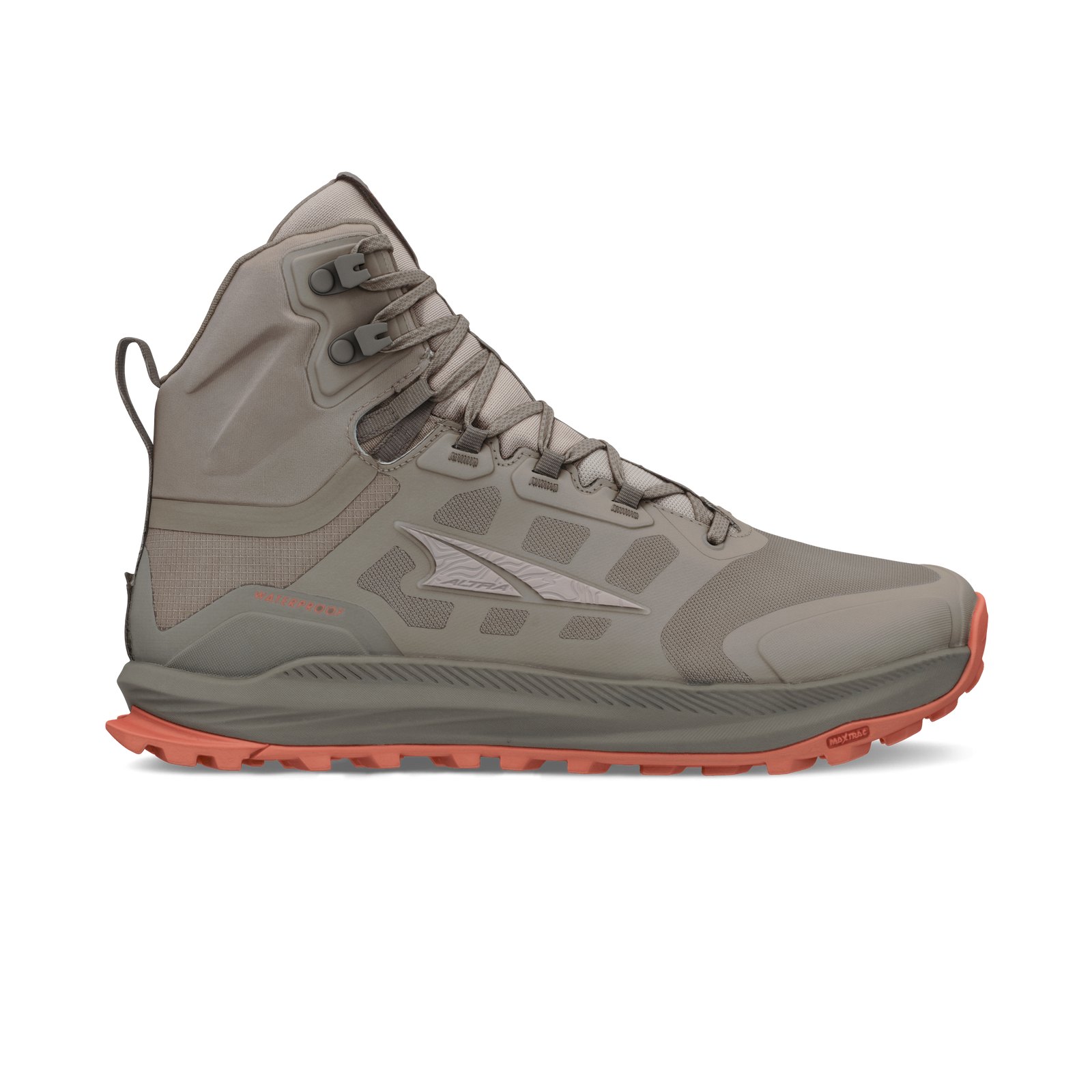 Side view on white background of Mens Altra Lone Peak 9 Waterproof Mid running shoe in Brown/Taupe, Medium (Regular) width