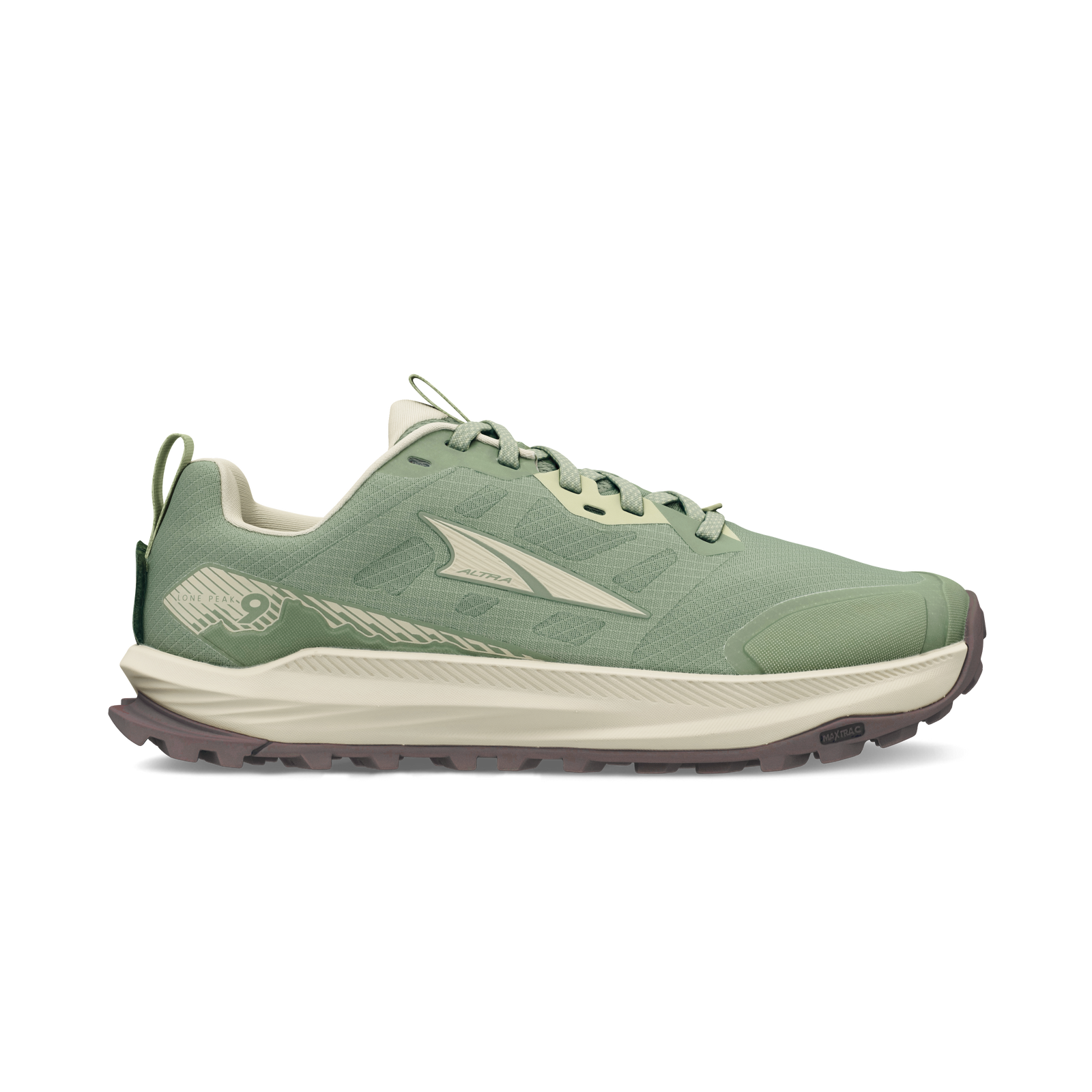 Side view on white background of Womens Altra Lone Peak 9 running shoe in Green, Wide width