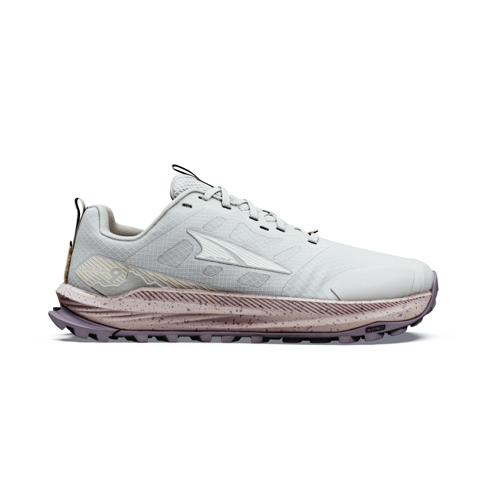 Side view on white background of Womens Altra Lone Peak 9 running shoe in Flint Grey/Pearl/Bark, Medium (Regular) width