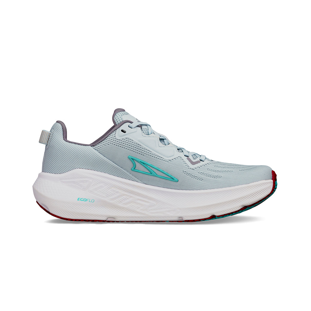 Side view on white background of Womens Altra FWD Via running shoe in Mint, Medium (Regular) width