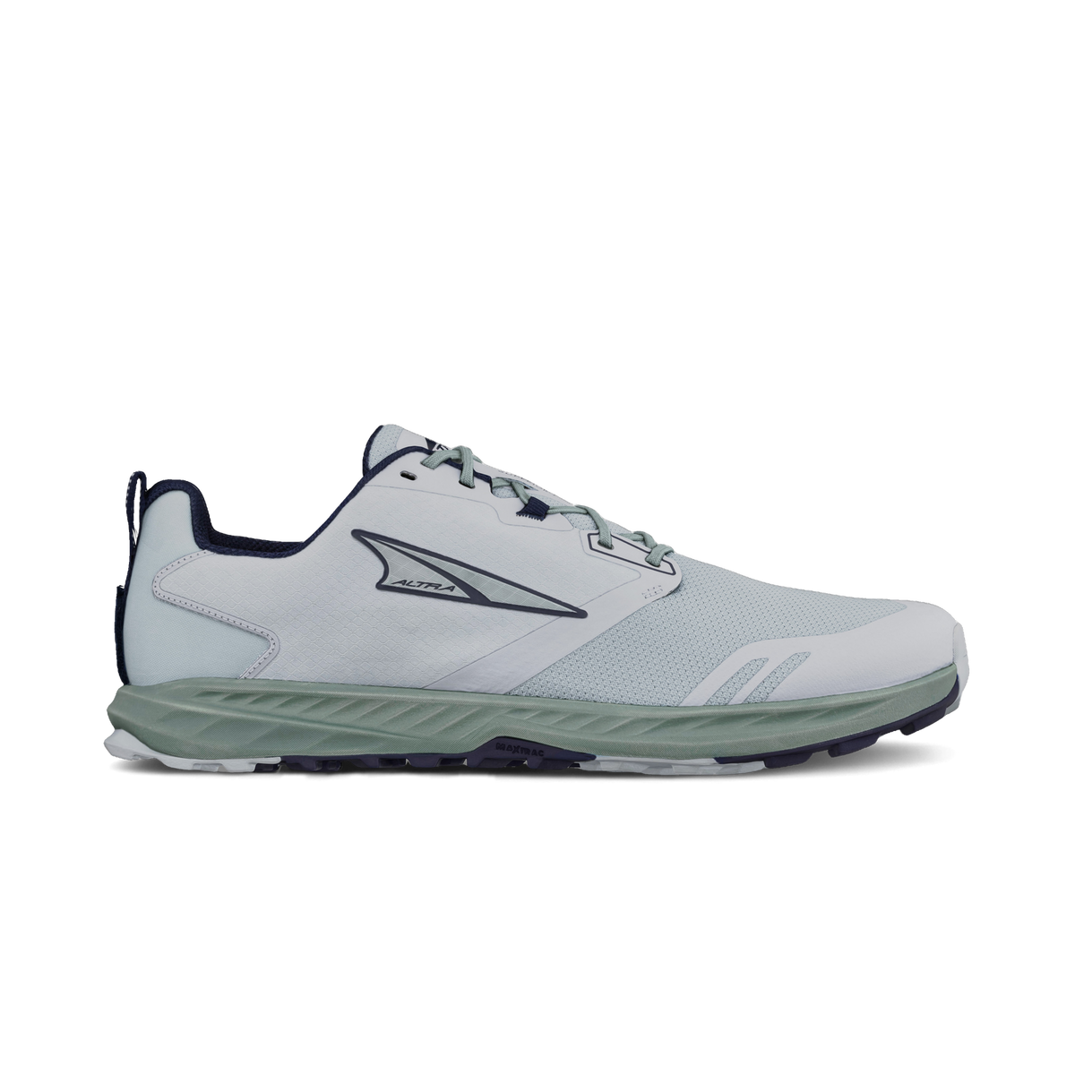 Side view on white background of Mens Altra Superior 7 running shoe in Gray, Medium (Regular) width