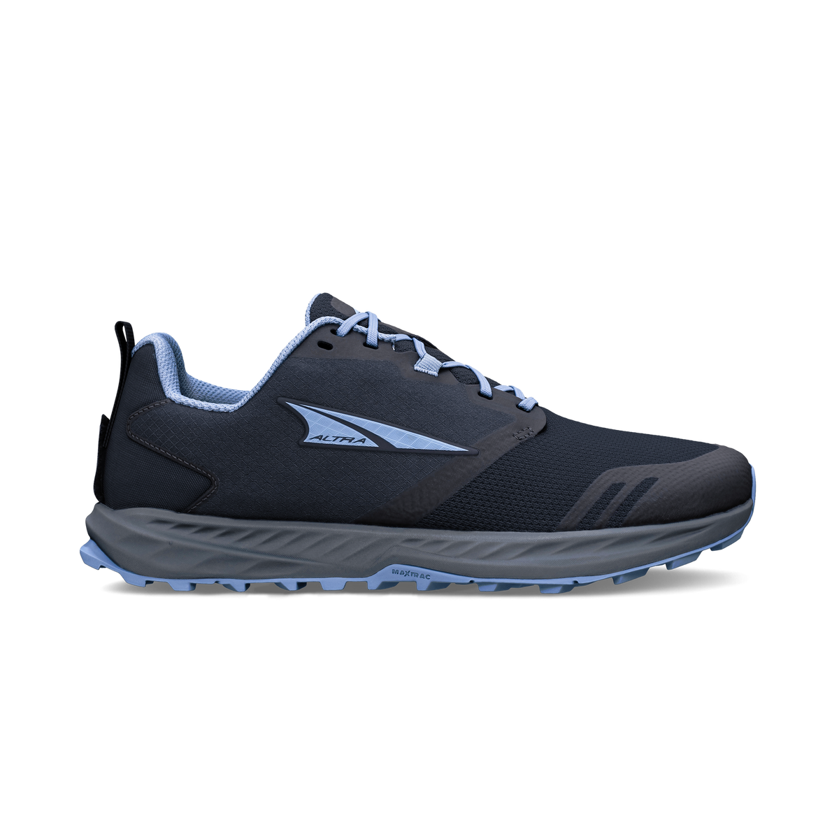 Side view on white background of Womens Altra Superior 7 running shoe in Black/Blue, Medium (Regular) width