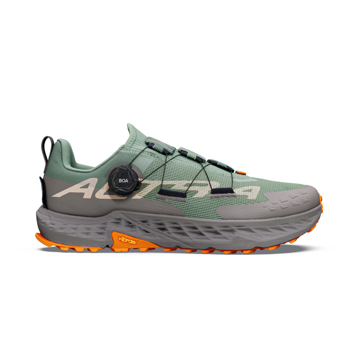 Side view on white background of Mens Altra Timp 5 BOA running shoe in Sea Spray/Oyster Grey, Medium (Regular) width