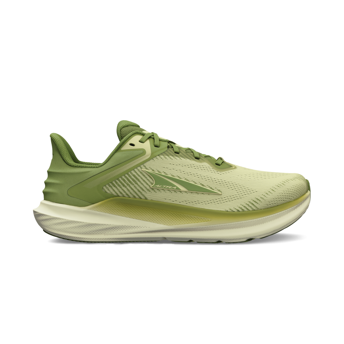 Side view on white background of Mens Altra Torin 8 running shoe in Dusty Olive, Medium (Regular) width