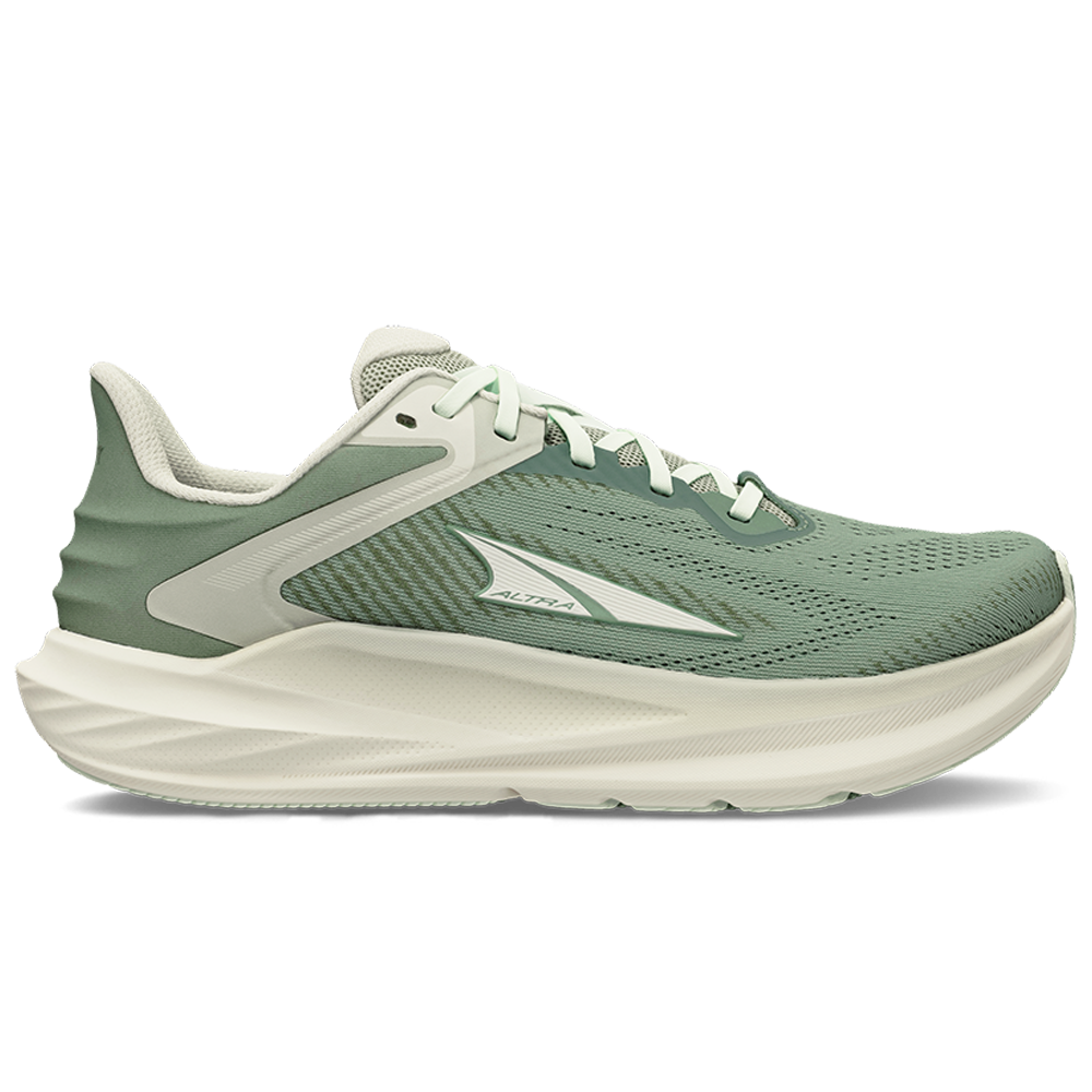 Side view on white background of Womens Altra Torin running shoe in Dusty Olive, Medium (Regular) width