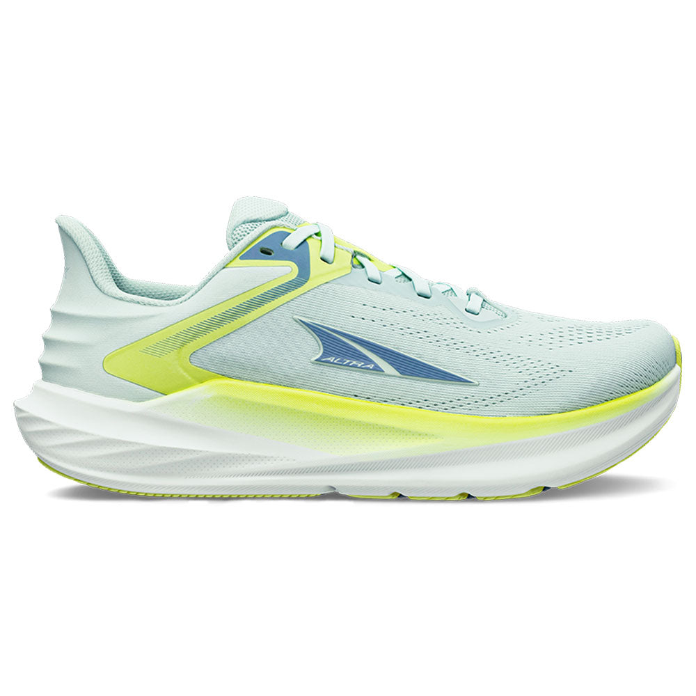 Side view on white background of Womens Altra Torin running shoe in Pastel Teal, Medium (Regular) width