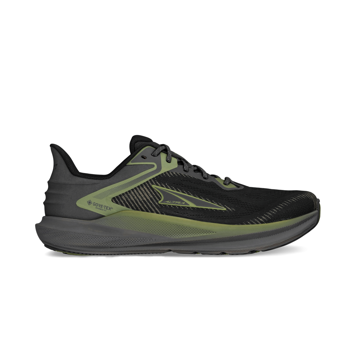 Side view on white background of Mens Altra Torin 8 GTX running shoe in Black/Gray, Medium (Regular) width