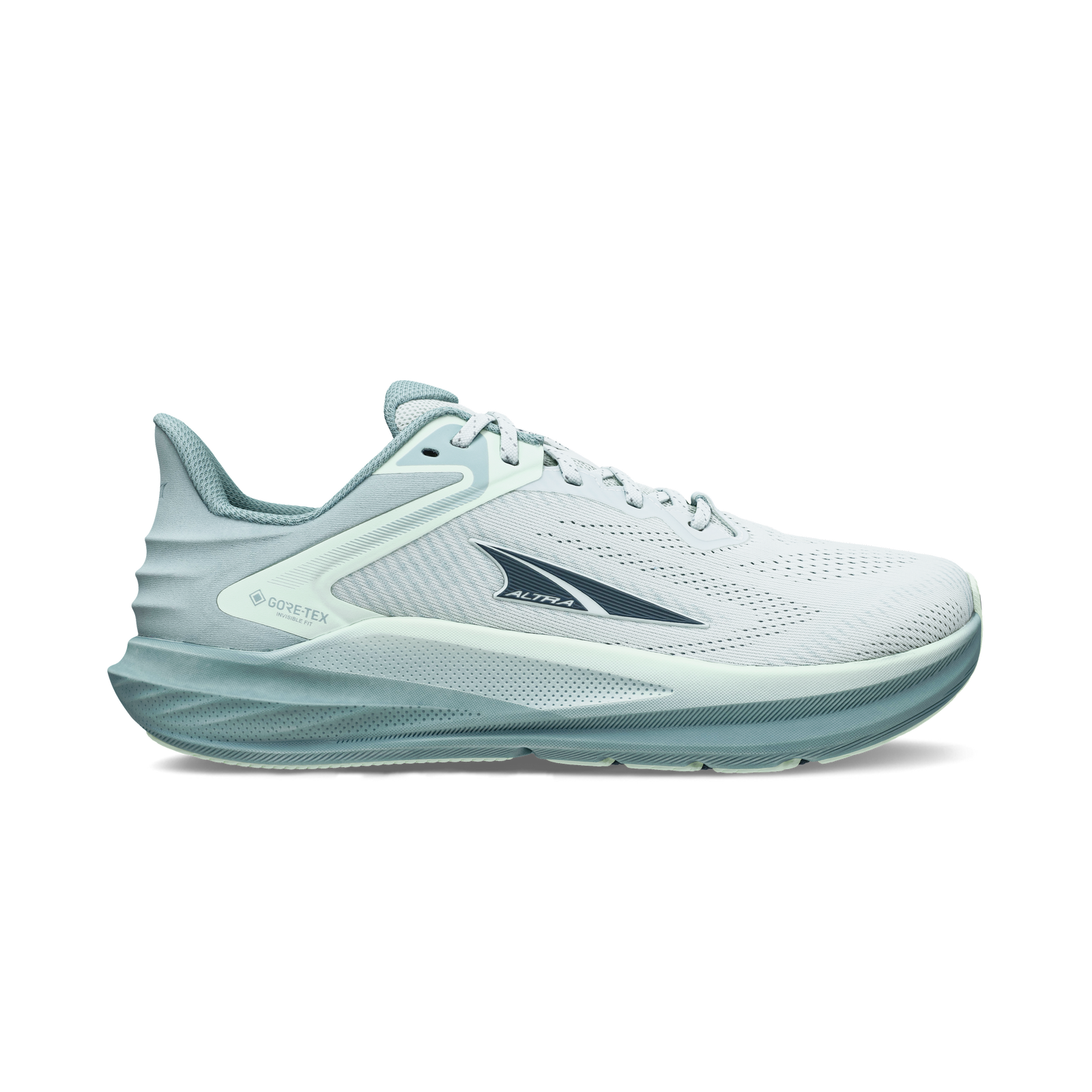 Side view on white background of Womens Altra Torin 8 GTX running shoe in Pastel Teal, Medium (Regular) width