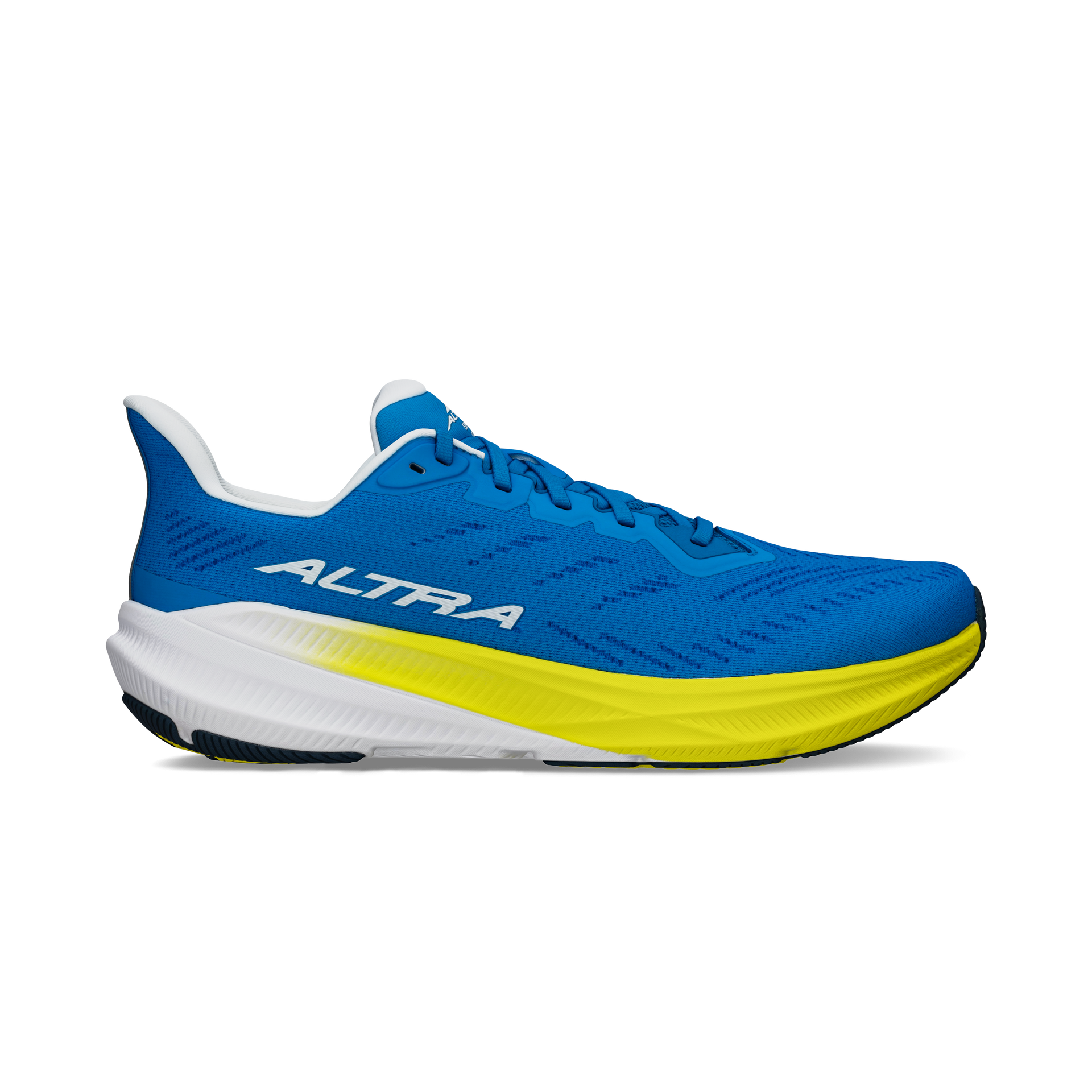 Side view on white background of Mens Altra Experience Flow 2 running shoe in Blue/Yellow, Medium (Regular) width