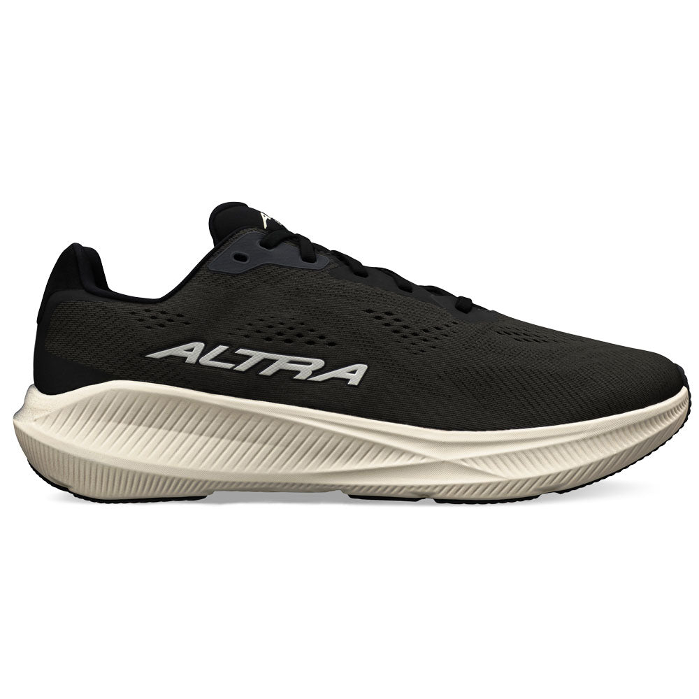Side view on white background of Mens Altra Experience running shoe in Black/White, Medium (Regular) width