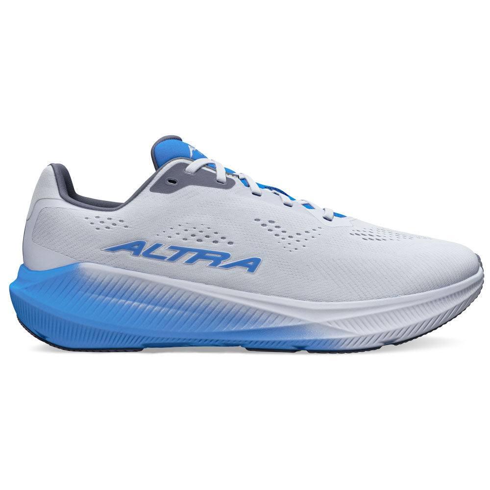 Side view on white background of Mens Altra Experience running shoe in Blue/Gray, Medium (Regular) width