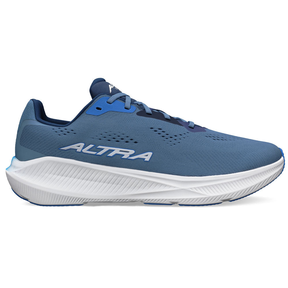 Side view on white background of Mens Altra Experience running shoe in Navy, Medium (Regular) width