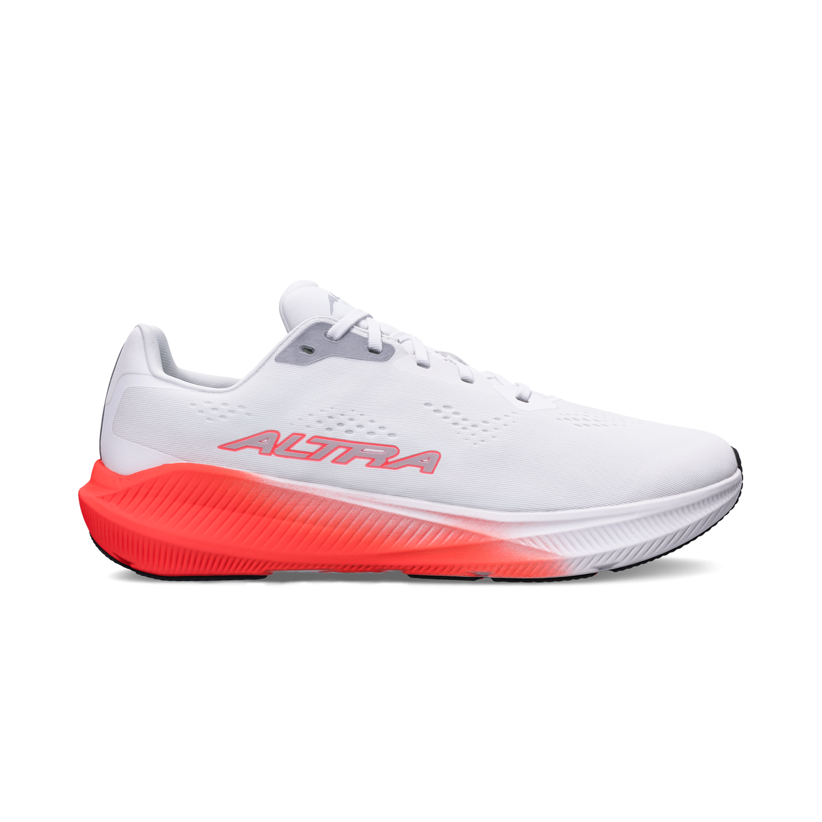 Side view on white background of Mens Altra Experience Flow 3 running shoe in White/Coral, Medium (Regular) width