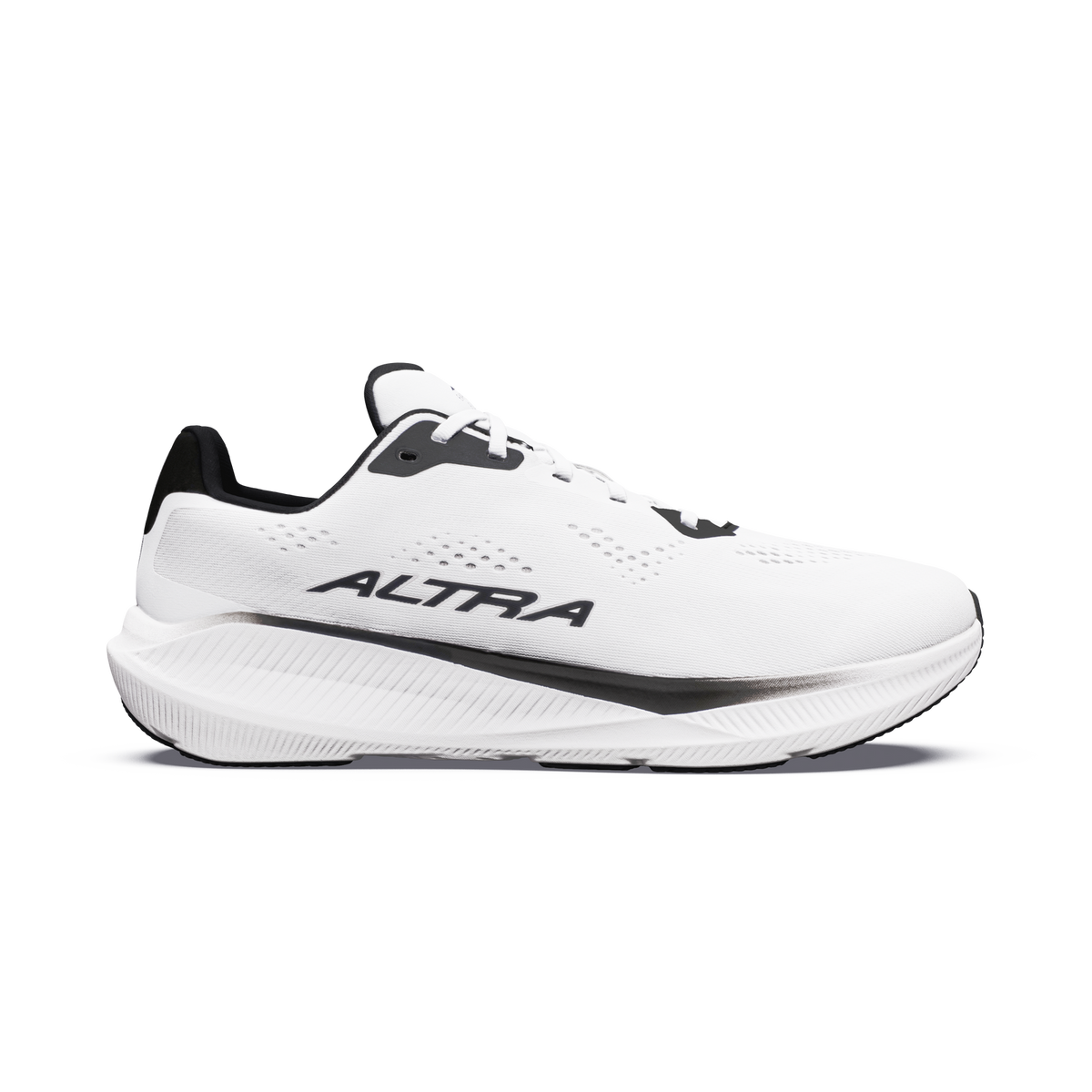 Side view on white background of Mens Altra Experience Flow ST running shoe in White/Black/White, Medium (Regular) width