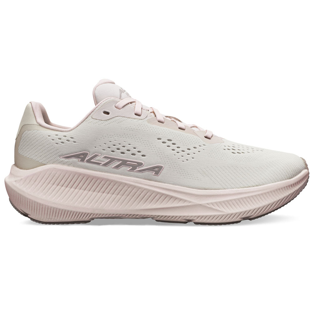 Side view on white background of Womens Altra Experience running shoe in Tan, Medium (Regular) width