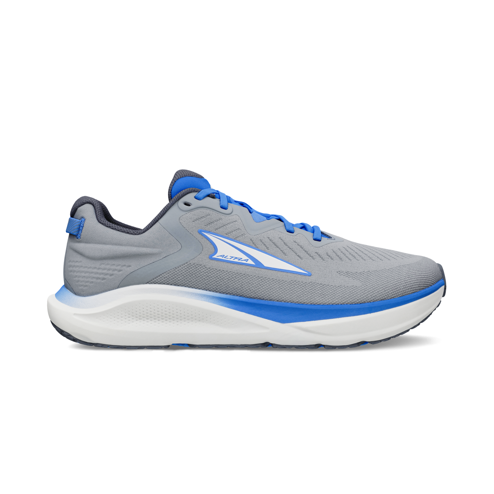 Side view on white background of Mens Altra Paradigm 8 running shoe in Blue/Gray, Medium (Regular) width