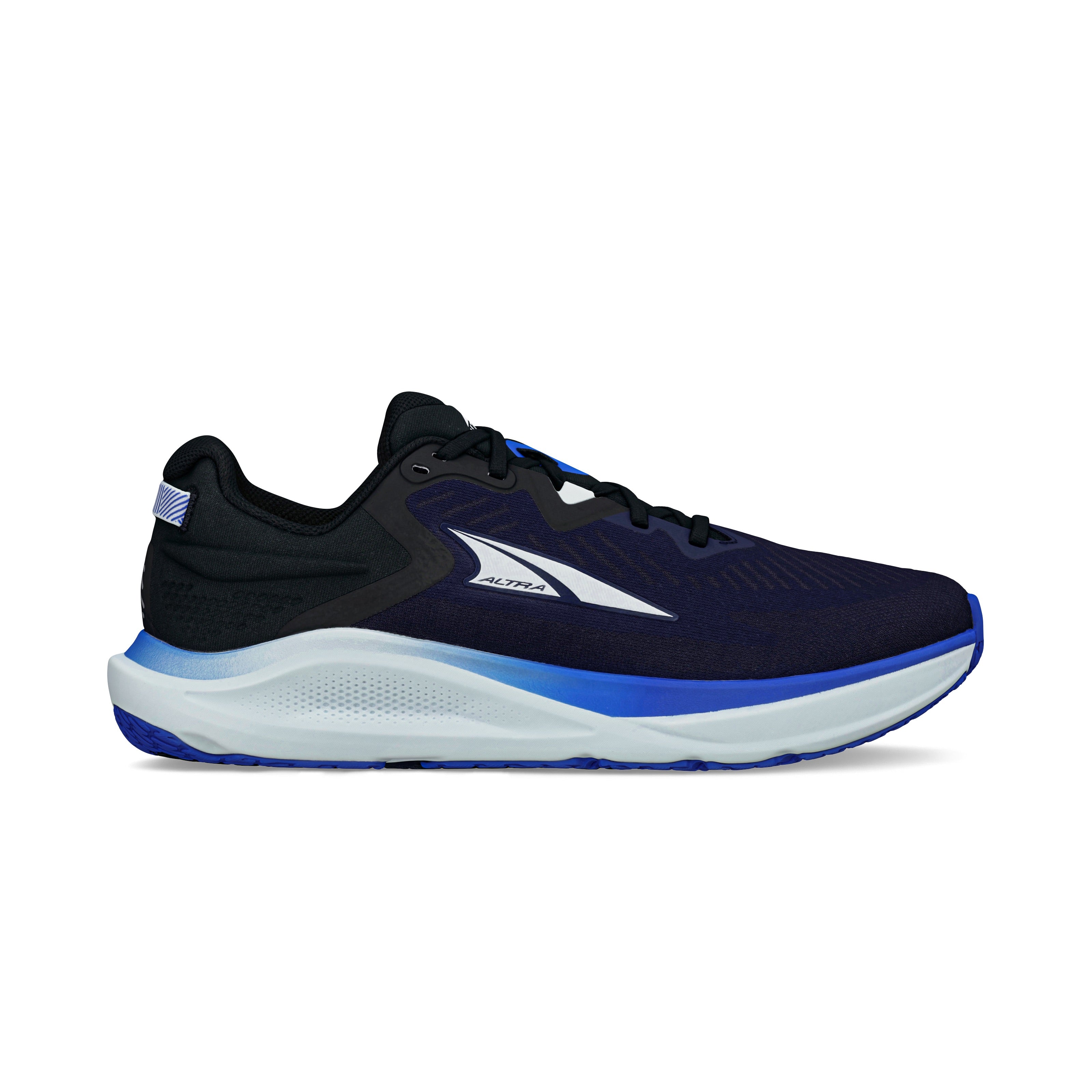 Side view on white background of Mens Altra Paradigm 8 running shoe in Navy/Black, Wide width
