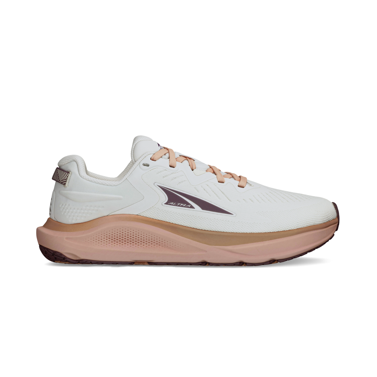 Side view on white background of Womens Altra Paradigm 8 running shoe in Light Gray, Medium (Regular) width