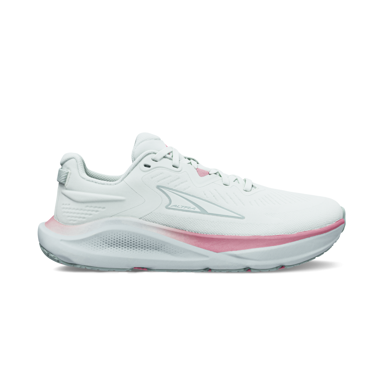 Side view on white background of Womens Altra Paradigm 8 running shoe in Gray/Magenta, Medium (Regular) width