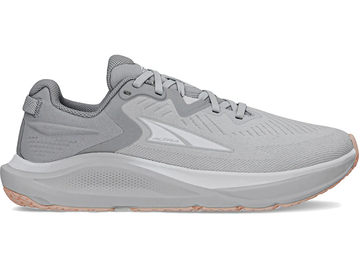 Side view on white background of Womens Altra Paradigm 8 running shoe in Gray, Wide width