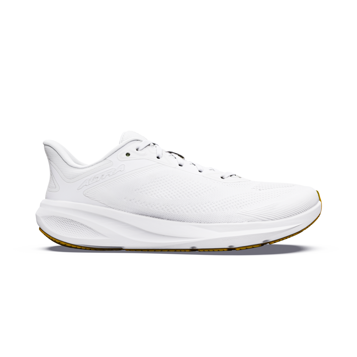 Side view on white background of Womens Altra Motiv FLX running shoe in White/Vaporous Grey/Gum, Medium (Regular) width