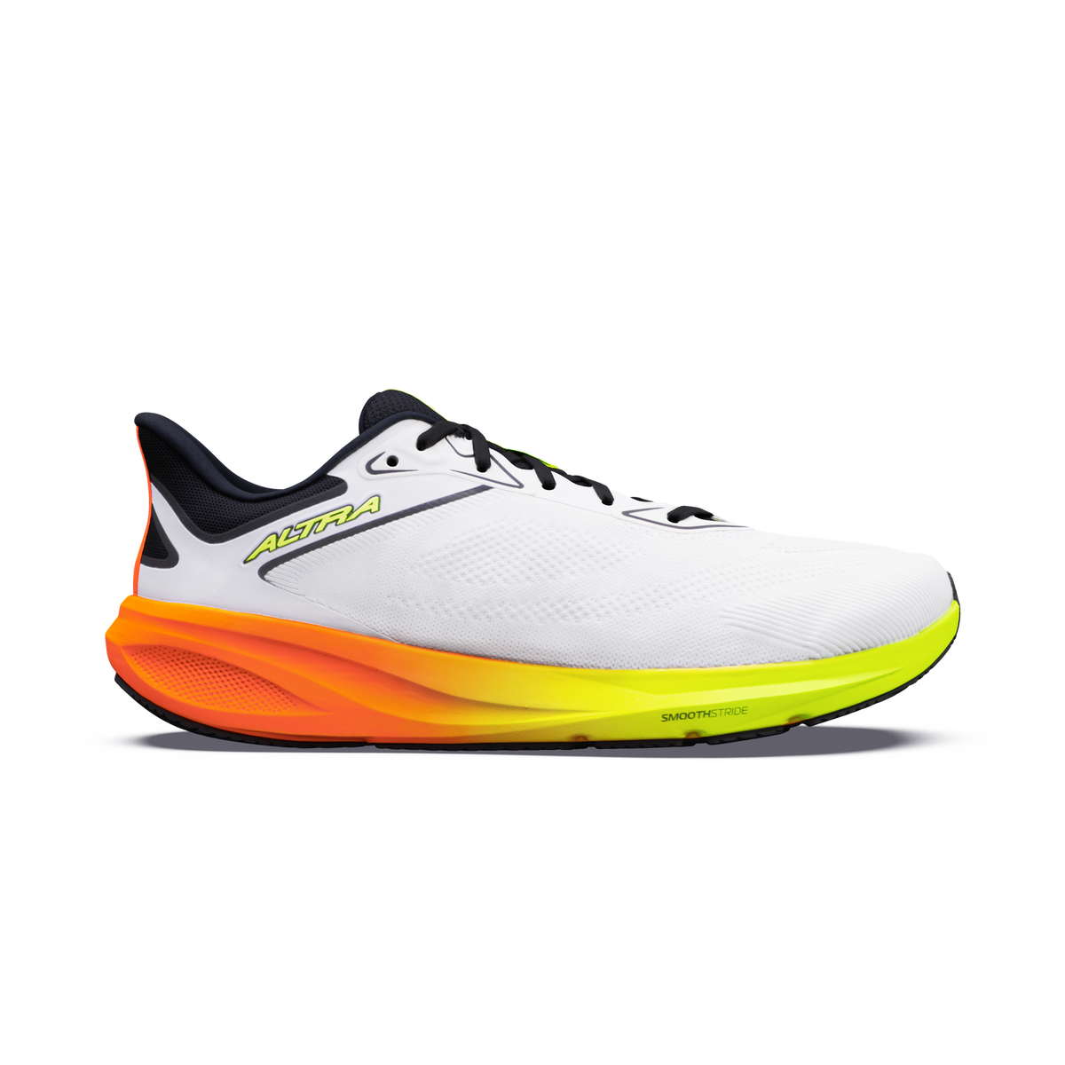 Side view on white background of Mens Altra Motiv FLX running shoe in White/Black/Safety Yellow, Medium (Regular) width