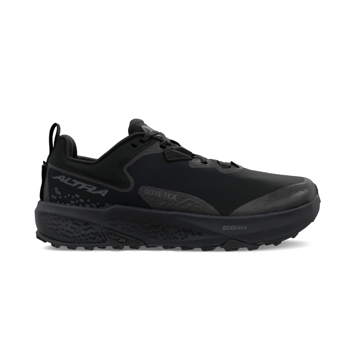 Side view on white background of Mens Altra Timp 6 GTX running shoe in Black/Black, Medium (Regular) width