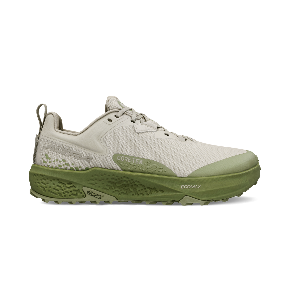 Side view on white background of Mens Altra Timp 6 GTX running shoe in Dusty Olive, Medium (Regular) width