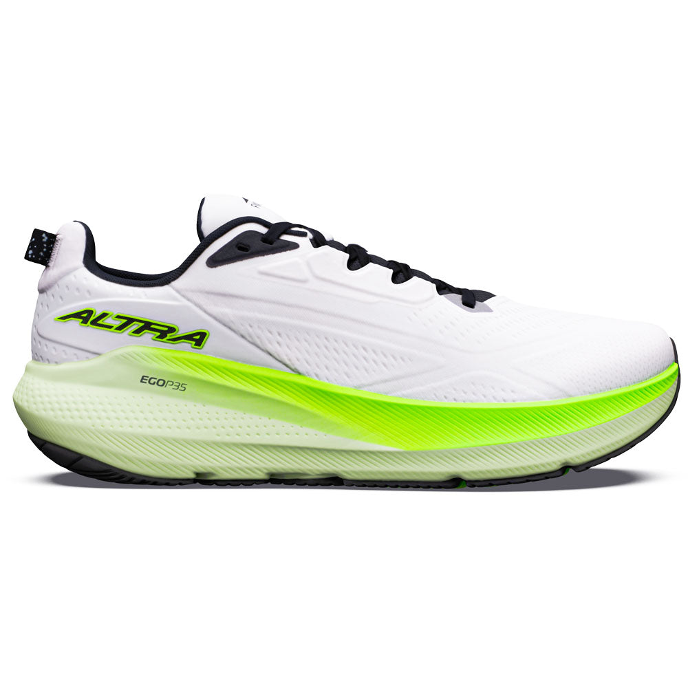 Side view on white background of Mens Altra FWD Via running shoe in White/Black/Green Gecko, Medium (Regular) width