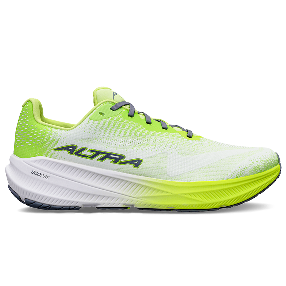 Side view on white background of Mens Altra Experience running shoe in White/Lime, Medium (Regular) width