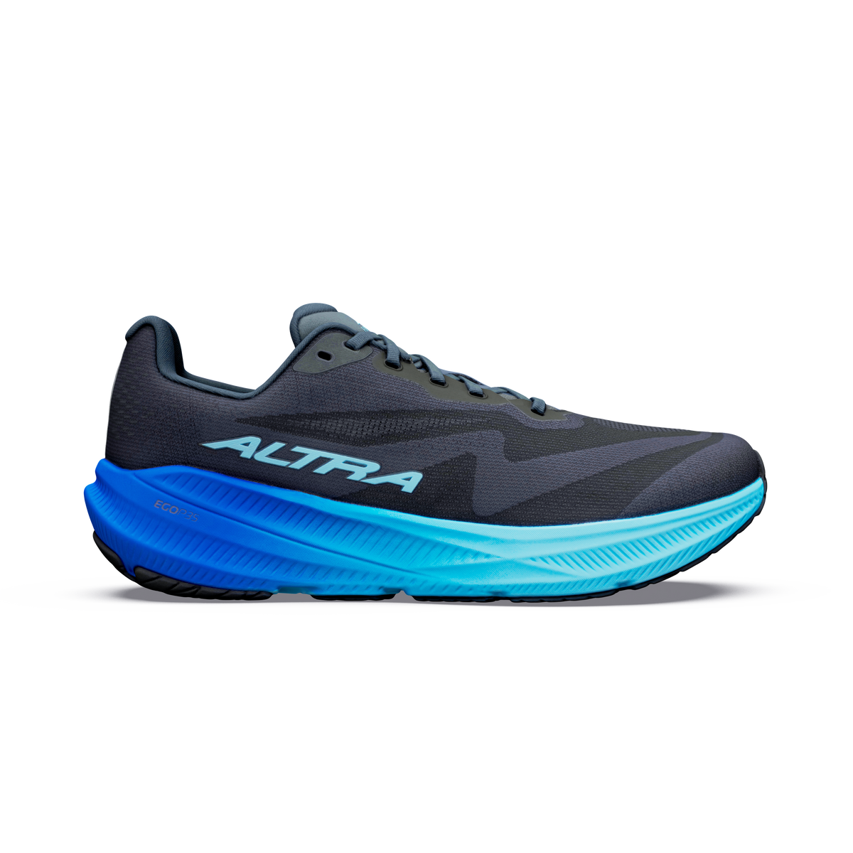 Side view on white background of Mens Altra Experience Flow 3 running shoe in Black/Black/Bluefish, Medium (Regular) width