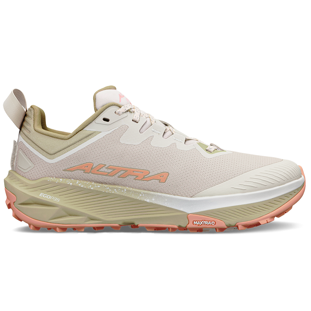 Side view on white background of Womens Altra Experience Wild running shoe in Tan, Medium (Regular) width