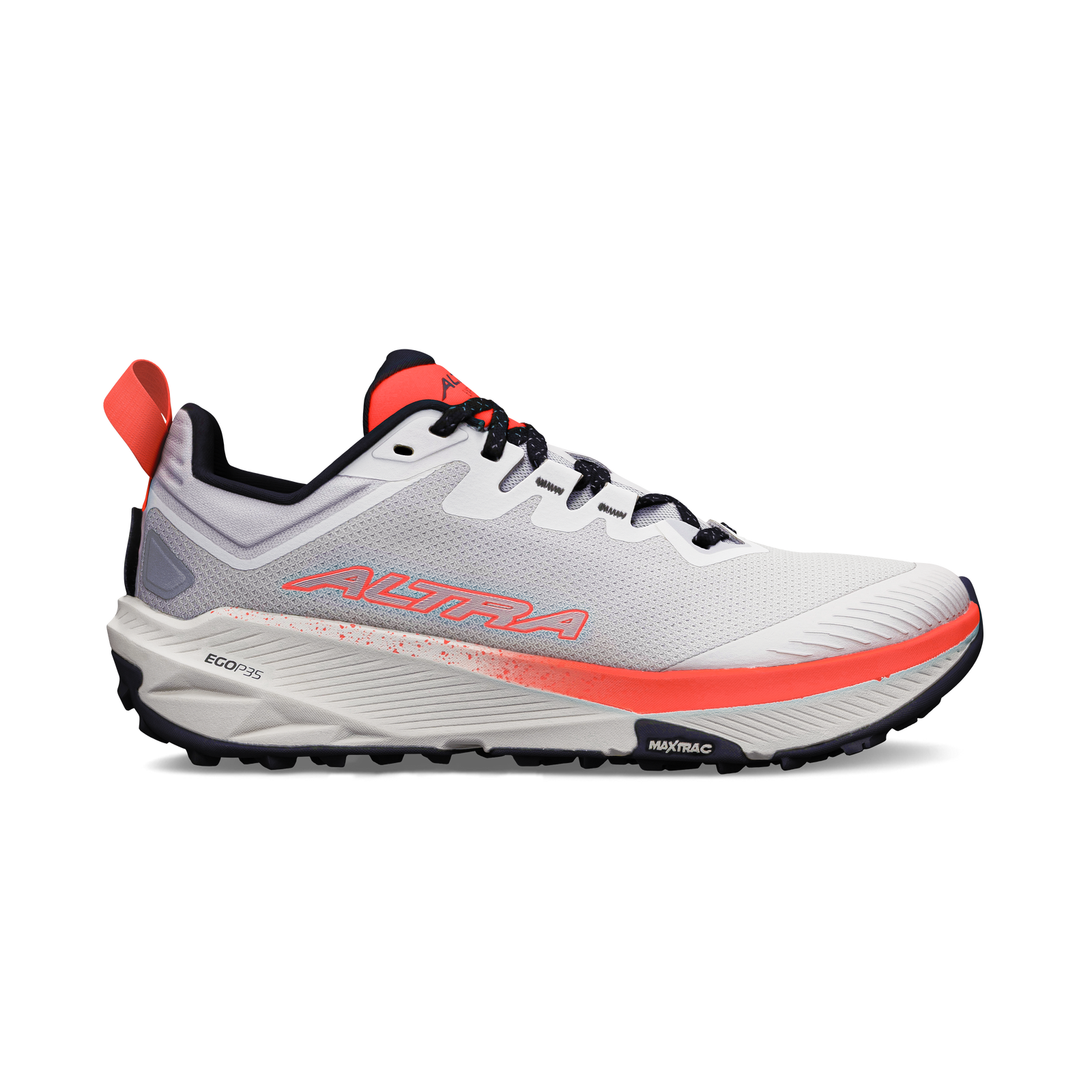Side view on white background of Womens Altra Experience Wild 3 running shoe in White/Coral, Medium (Regular) width