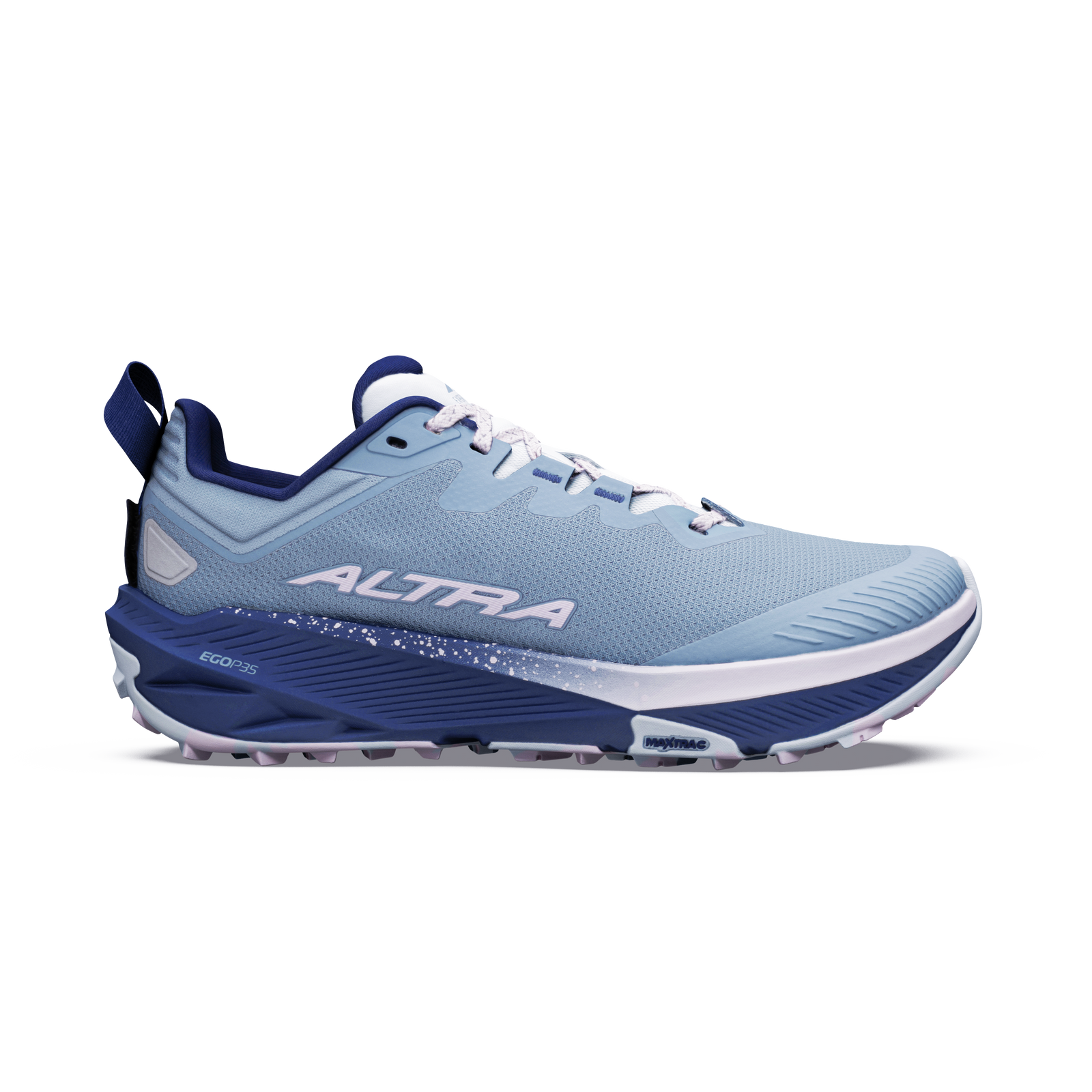 Side view on white background of Womens Altra Experience Wild 3 running shoe in Windward Blue/Orchid Ice, Medium (Regular) width