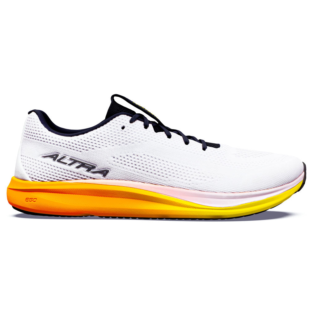 Side view on white background of Mens Altra Escalante running shoe in White/Black/Blazng Yllw, Medium (Regular) width