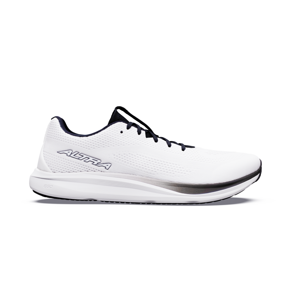 Side view on white background of Mens Altra Escalante 5 running shoe in White/Black/White, Medium (Regular) width