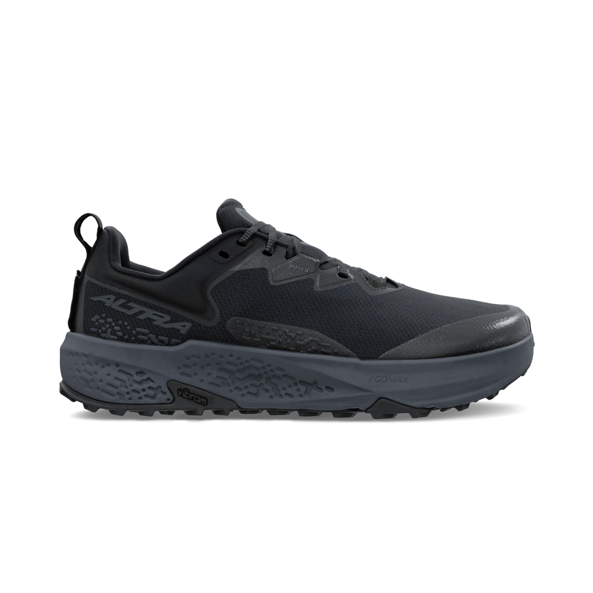 Side view on white background of Mens Altra Timp 6 running shoe in Black/Black, Medium (Regular) width