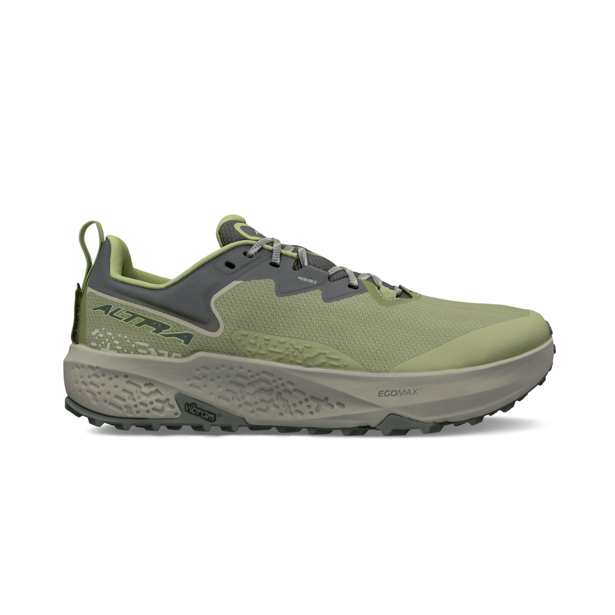 Side view on white background of Mens Altra Timp 6 running shoe in Dusty Olive, Medium (Regular) width