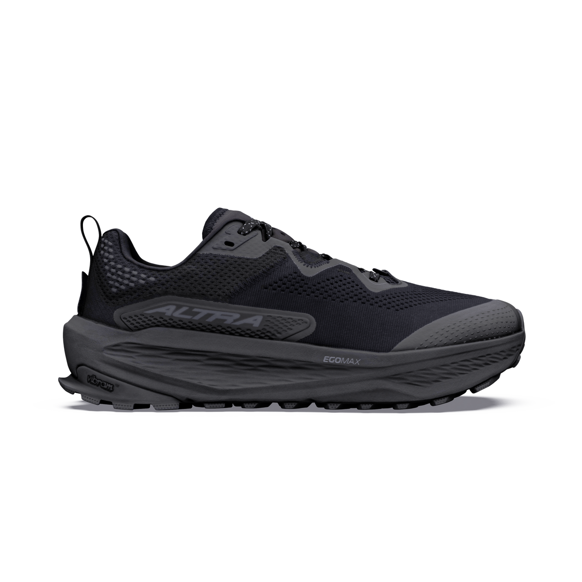 Side view on white background of Mens Altra Olympus 7 running shoe in Black/Black/Dark Shadow, Medium (Regular) width