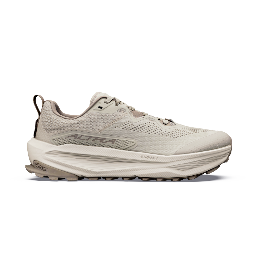 Side view on white background of Mens Altra Olympus 7 running shoe in Plaza Taupe/Fungi/Birch, Medium (Regular) width
