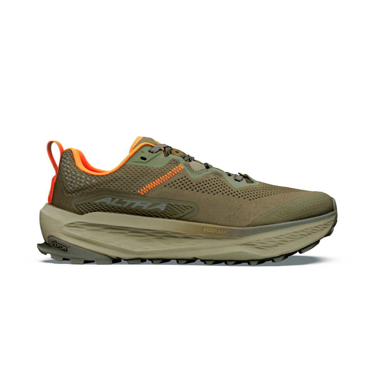 Side view on white background of Mens Altra Olympus 7 running shoe in Dark Olive/Black/Aloe, Medium (Regular) width