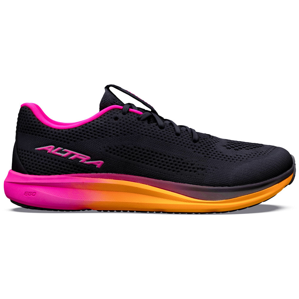 Side view on white background of Womens Altra Escalante running shoe in Black/Pink Glo/Orngepop, Medium (Regular) width