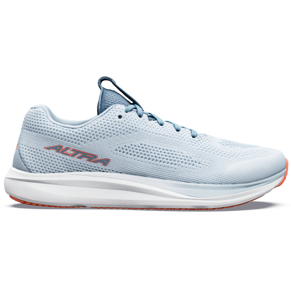 Side view on white background of Womens Altra Escalante 5 running shoe in Niagara Mist/Wndwrd Blu, Medium (Regular) width